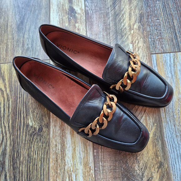 Vionic Mizelle Black Leather Loafer Comfort Arch Support Gold-Tone Chunky Chain - Picture 1 of 12